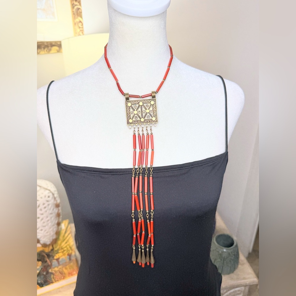 Boho Red Beaded Fringe Necklace Brass Tribal Statement Pendant